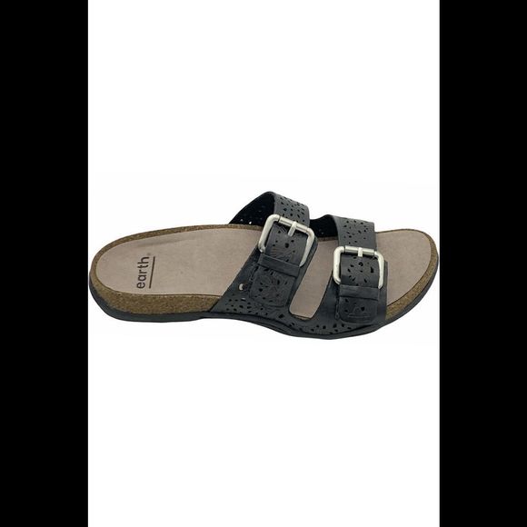 Earth Perforated Leather Slide Sandals Sand Antigua Black - Medium - Picture 1 of 5